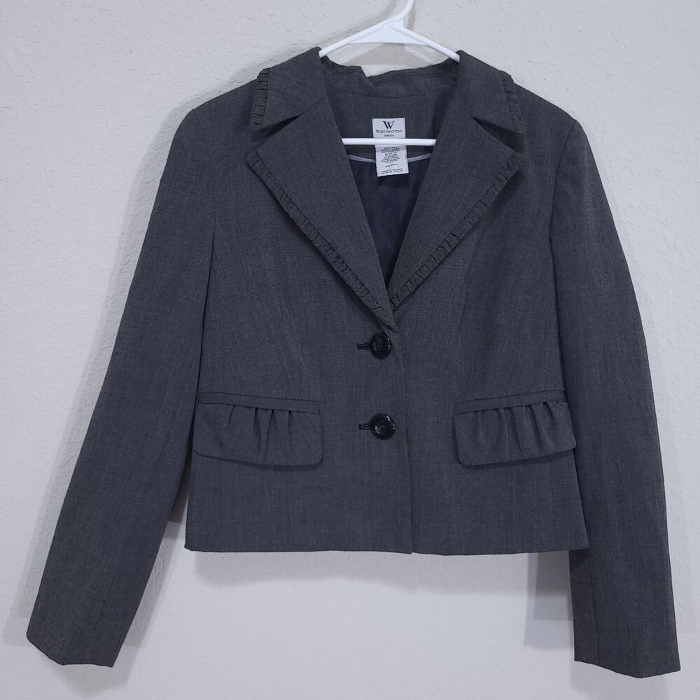 Vintage 90s Blazer Worthington Womens 8 Gray Cropped Ruffle Office Professional
